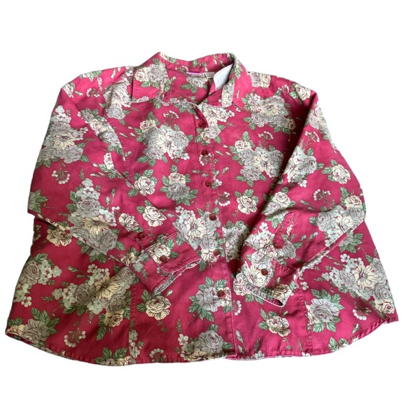 Papagallo Blouse Long Sleeve Burgundy Print 2X - Picture 15 of 16